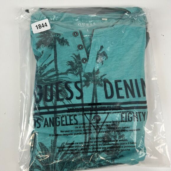 Guess‎ Denim Henley T-Shirt Men's Teal knit Short Sleeve Palm Trees LA Sz L - Picture 14 of 14